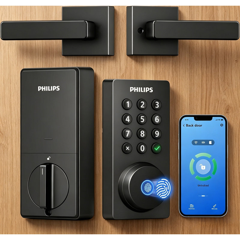 Serrure de porte intelligente avec poignée, clavier Wi-Fi intégré, déverrouillage par empreinte digitale et vocale, télécommande de l'application, verrouillage automatique, pêne dormant d'entrée sans clé pour la porte d'entrée