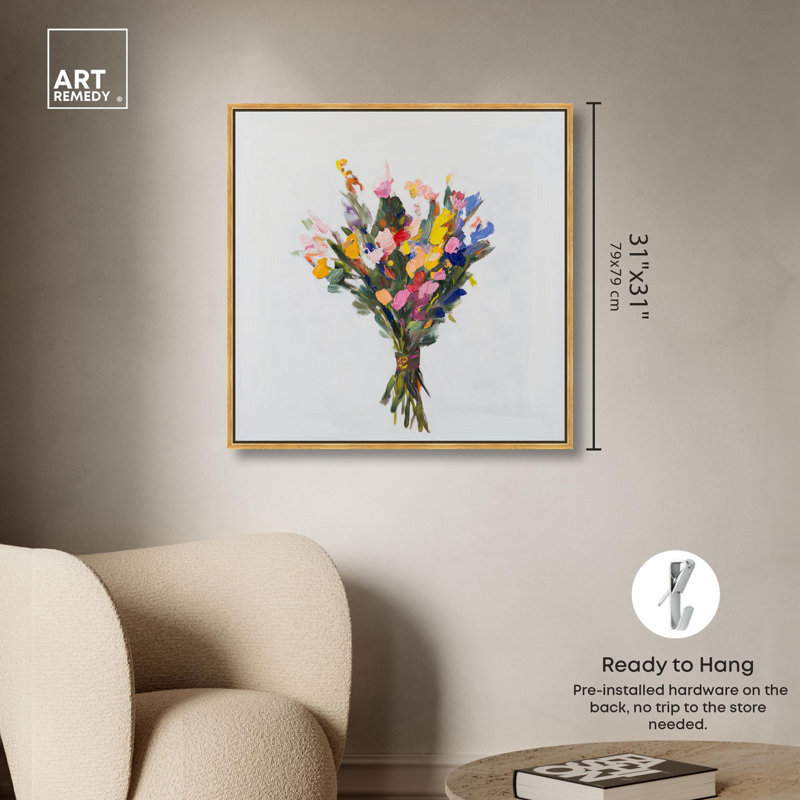 Art botanique rétro sur toile impressionniste Bouquet, H 31 po x l 31 po x P 1,8 po, Cadre flottant doré