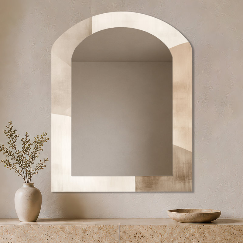 Miroir mural abstrait abstrait - beige minimal - formes neutres en équilibre, impression métallique, 43" x 33"
