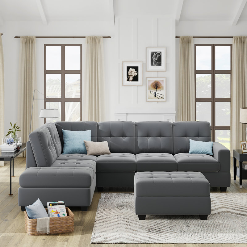 Canapé modulaire de 104 po de largeur avec méridienne réversible, canapé en L avec repose-pieds et porte-gobelets, canapé modulaire moderne