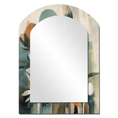 Orange And Green Abstract Bohemia III - Boho Feather Asymmetrical Unique Mirror, Orange Arch Large Wall Mirror, Printed Metal Art