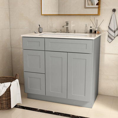 Armoire de base de lavabo en contreplaqué gris l 36 po x P 21 po H 34,5 po - Salle de bain imperméable avec porte à gauche 36 po 21 34,5 Shaker pour un fonctionnement silencieux
