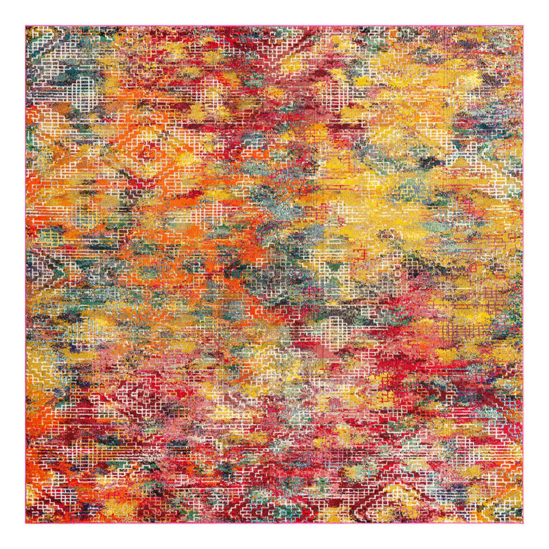 Tapis abstrait jaune / rouge / bleu, Carré 9 pi 10 po