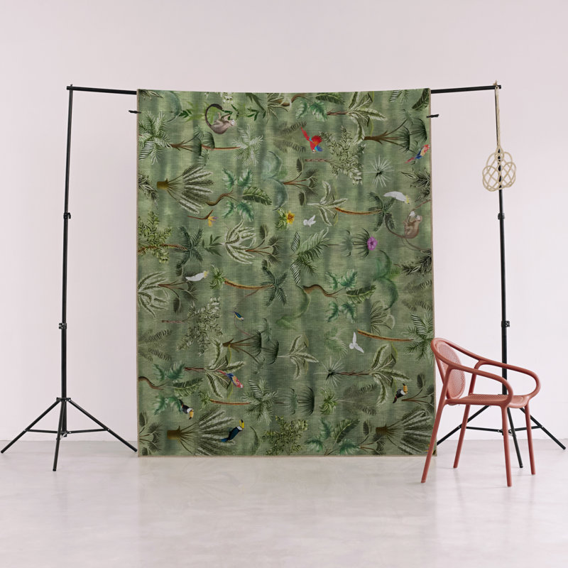 Tapis décoratif moderne vert à motif d'oiseaux et d'arbres, Rectangle 5 pi 1 po x 7 pi 6 po