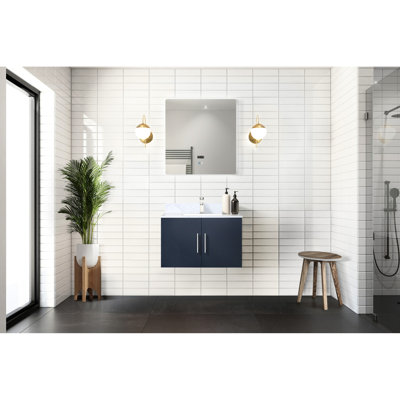 Meuble-lavabo de salle de bain bleu marine avec surface en marbre Miroir à DEL - fermeture en douceur, résistance aux taches, compartiment de rangement généreux contre les rayures, espace spacieux