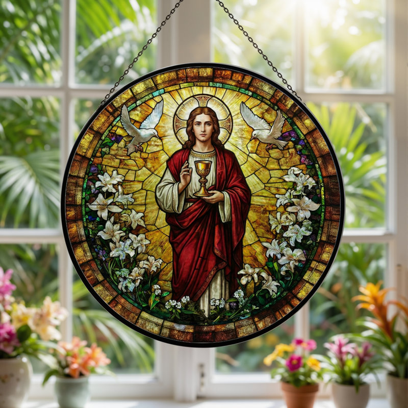 Panneau de vitrail de vitrail religieuse, 7,8 H, H 7,8 po