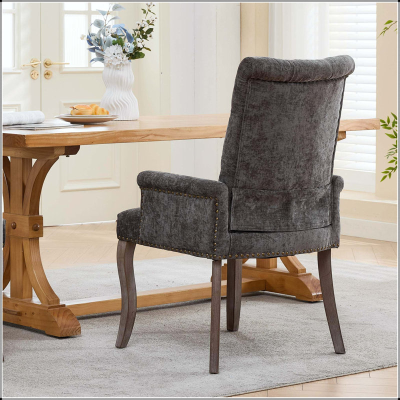 Chaise rembourrée d'appoint en chenille avec pieds courbés en bois massif, Gris, Gray