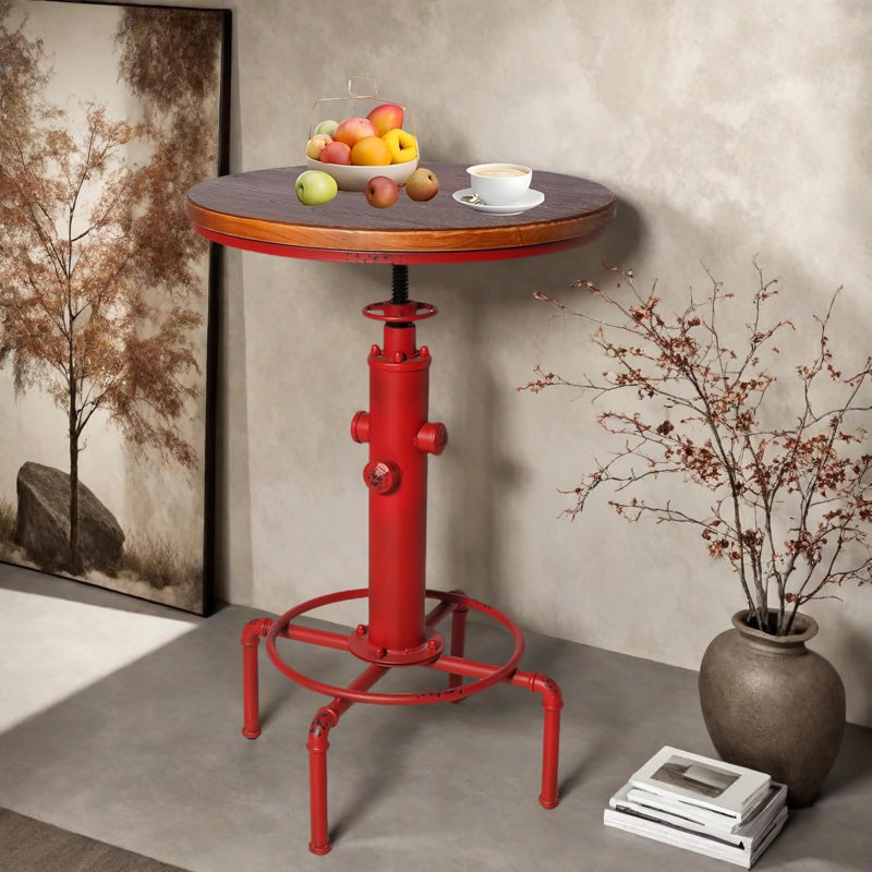 Anguel Pine Round Solid Wood Top Metal Base Dining Table, Brown/Antique Red