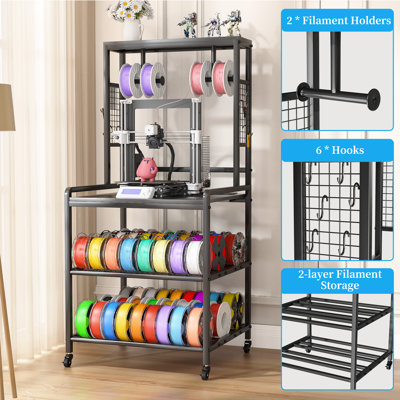 3d Printer Stand With Filament Storage, Heavy Duty 3d Printer Table With Charging Station, Rolling Printer Cart Filament Storage Rack, Gray
