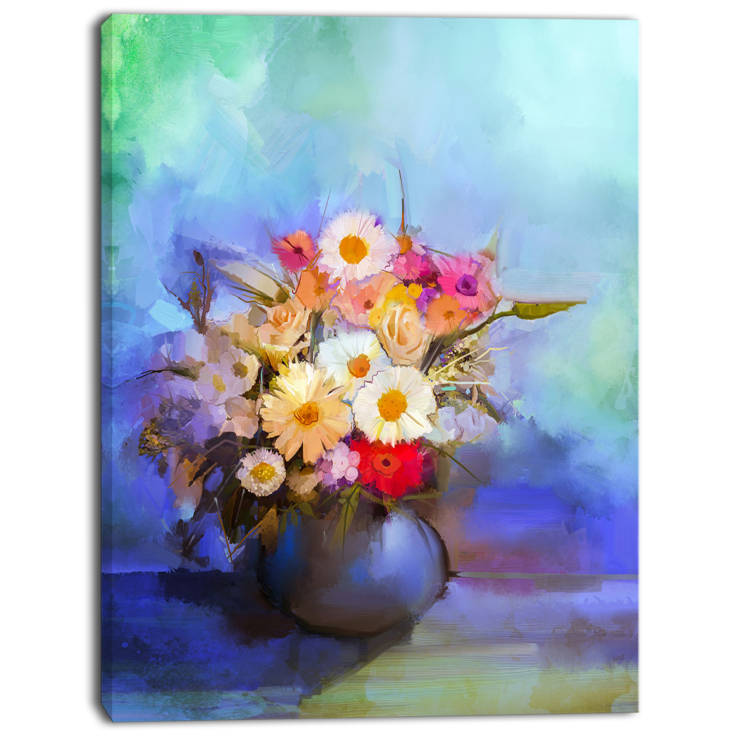 Beautiful Flowers Bouquet on Blue Painting Print on Wrapped Canvas