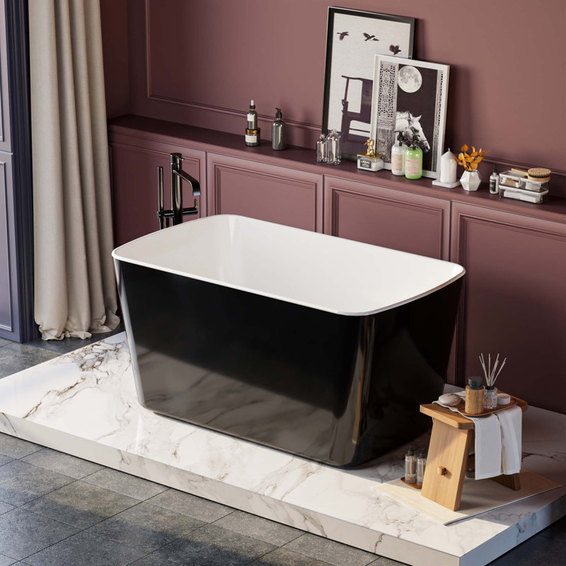 49" Acrylic Freestanding Rectangular Soaking Bathtub, Sit-In Design With Chrome Overflow And Drain, Black