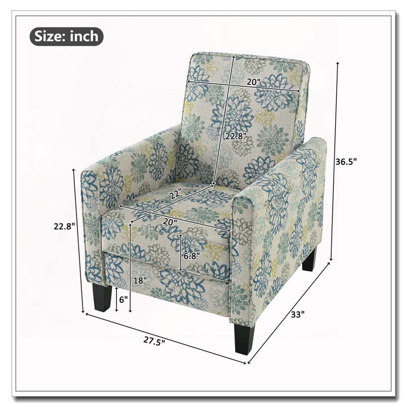 27.5" Push Back Recliner Chair Upholstered Recliner Armchair with Solid Beech Wood Legs, Blue, Polyester