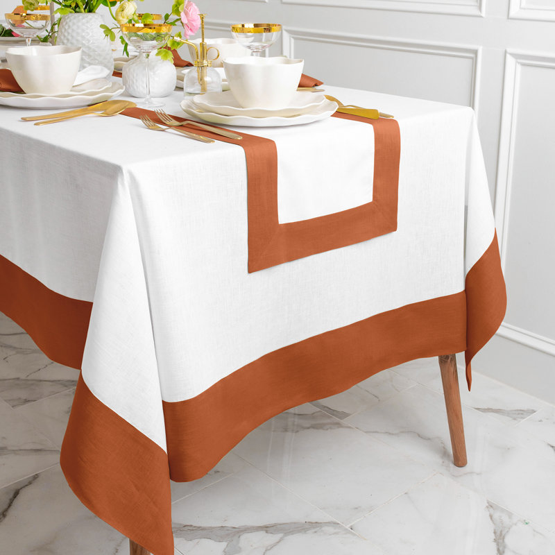 Contempo - 100% Pure Linen Tablecloth, 90" x 60", Cinnamon/White