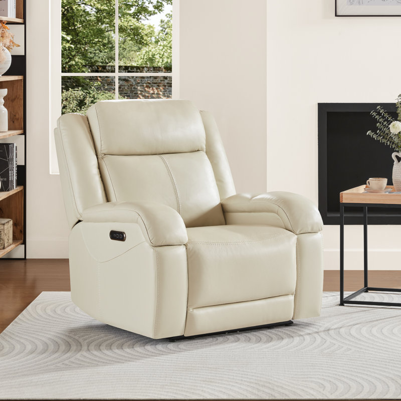 Fauteuil inclinable électrique Mejas en cuir véritable avec port USB, Cuir véritable crème