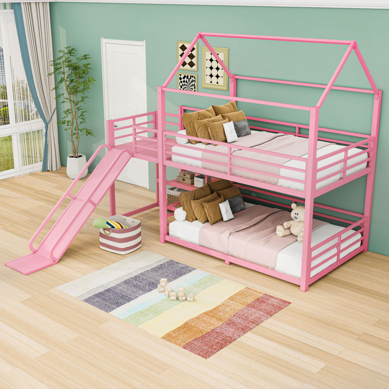 Lit superposé en métal avec escalier de rangement, glissade et barrières de sécurité, Lit superposé double sur double, Pink