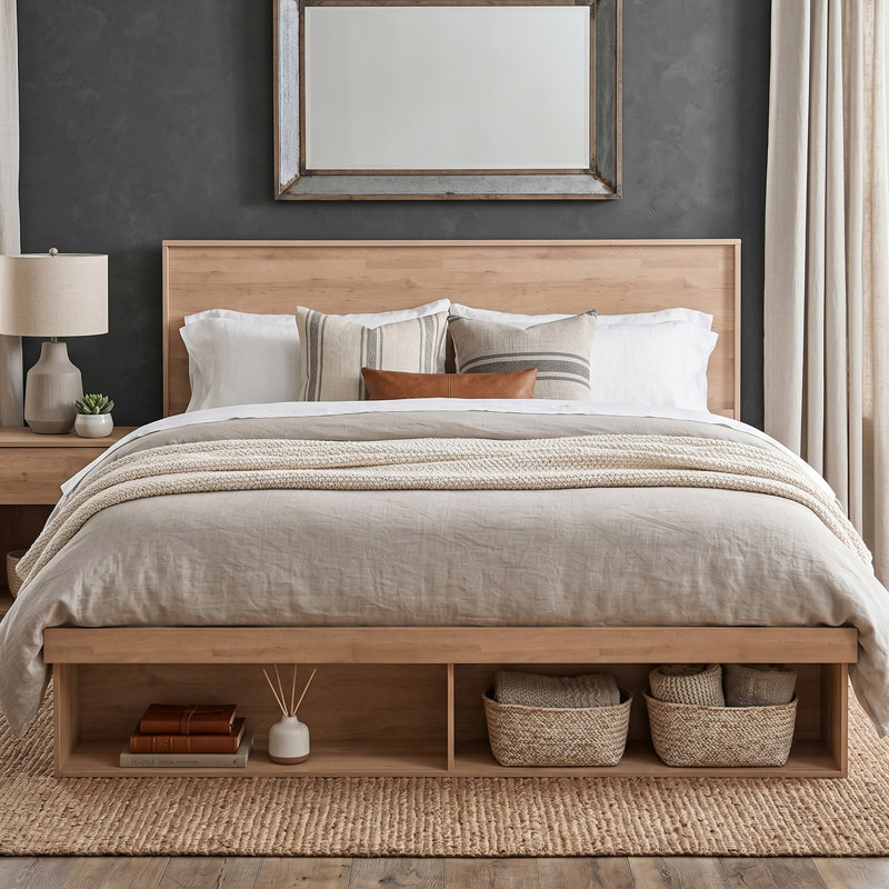 Modern Farmhouse Platform Storage Bed with Concealed Compartments and Open Cubbies, Pale Oak, King