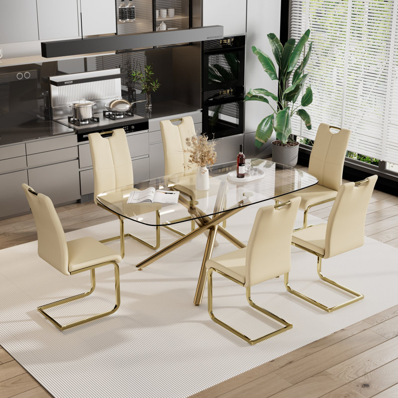 Rectangle Glass Pedestal Dining Set, Beige, 7