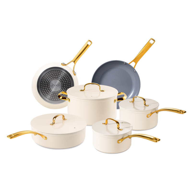 Chef Power Utility Gold 10 - Piece Ceramic Non-Stick Cookware Set Cream