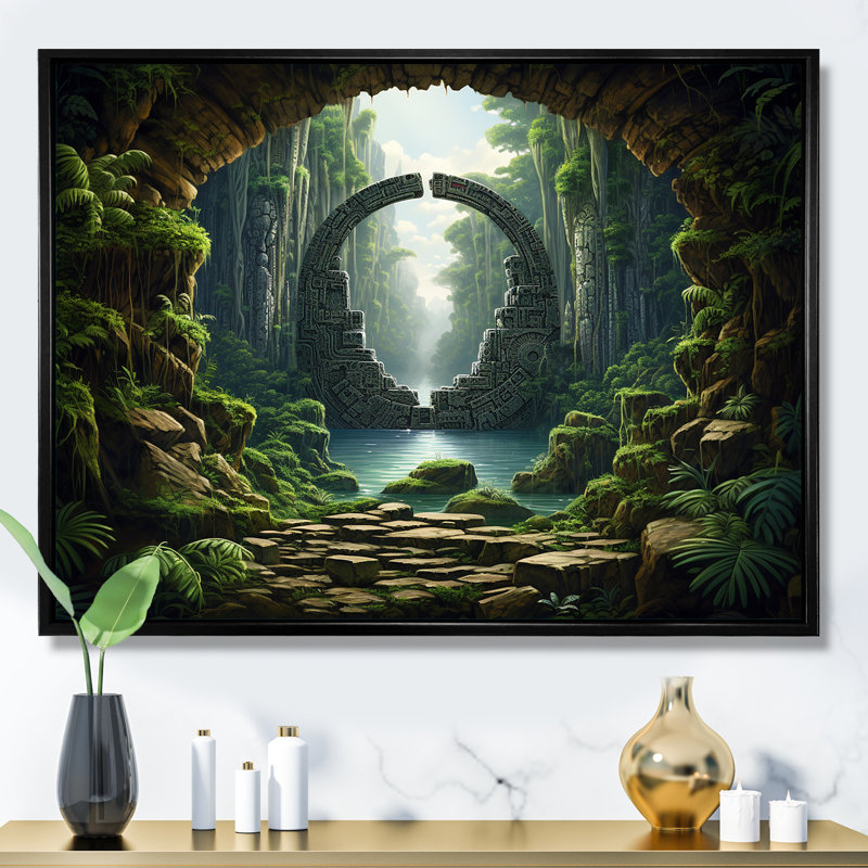«Green Jungle Tribal» - art mural surréalisme, Cadre flottant noir, H 34 po x l 44 po x P 1,5 po