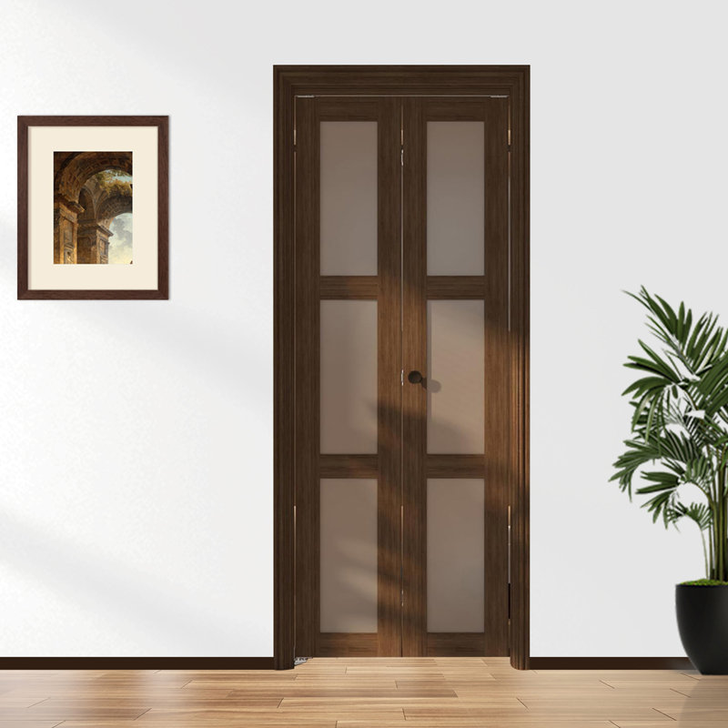 Porte de grange pliante en verre givré pliable 3-Lite avec trousse de quincaillerie d'installation, 30 po x 80 po, Brun
