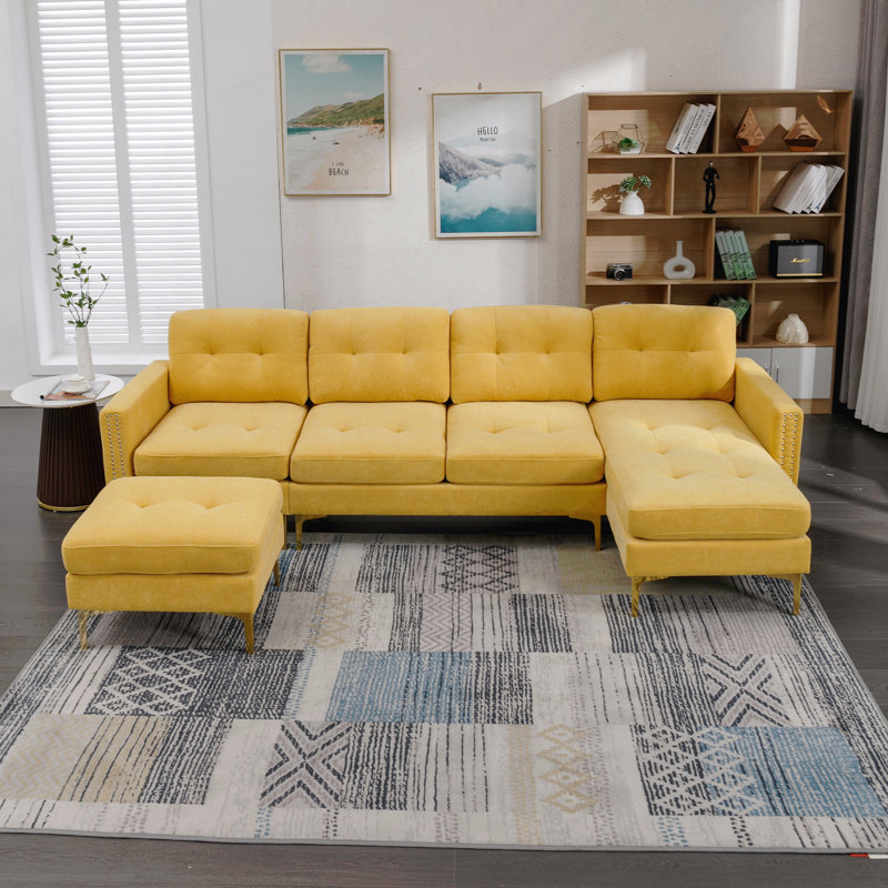 Canapé modulaire convertible en L 110 po avec repose-pieds mobile pour salon, appartement, bureau, jaune