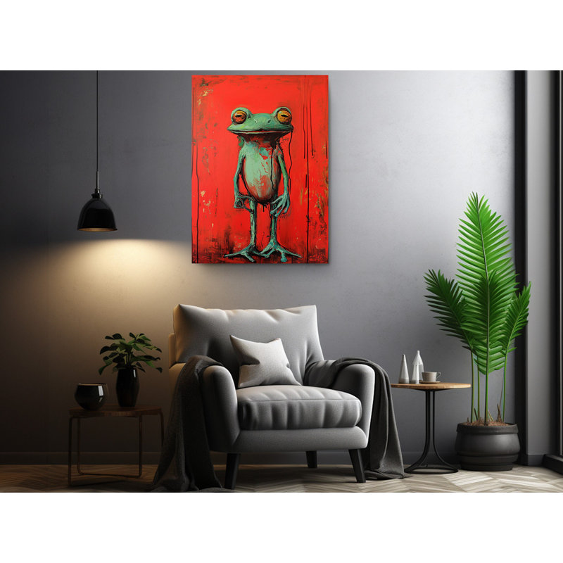 Drôle de grenouille sur fond rouge, H 24 po x l 16 po