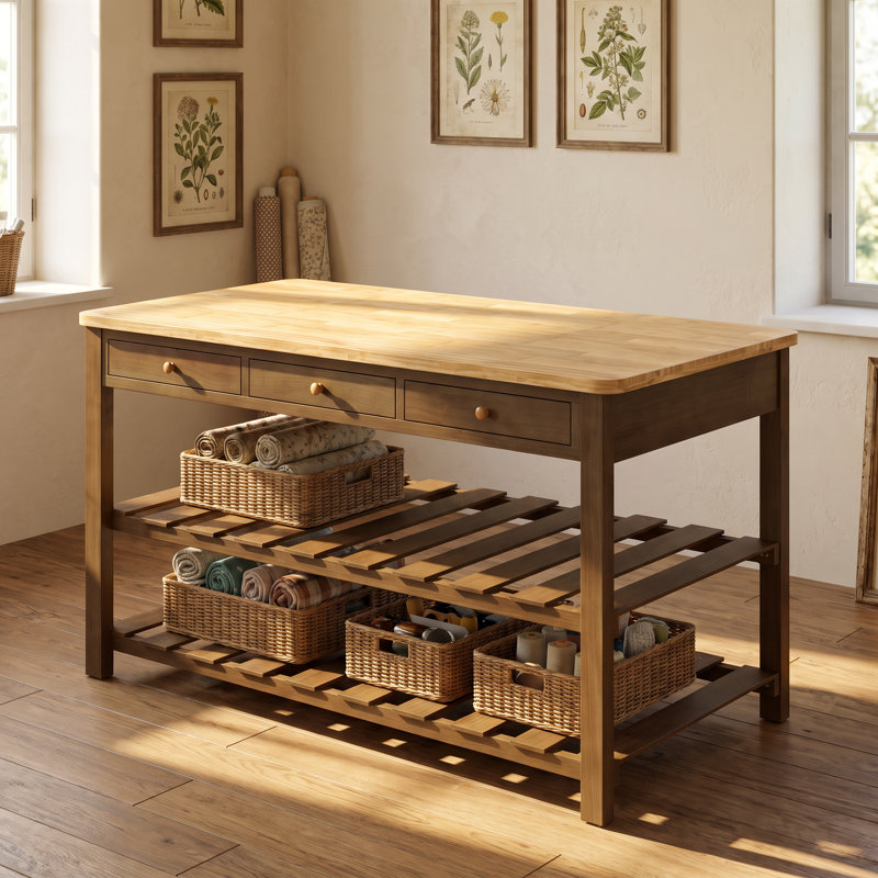 67.7-Inch Solid Pine Craft Table with 6 Drawers and 2 Slatted Shelves