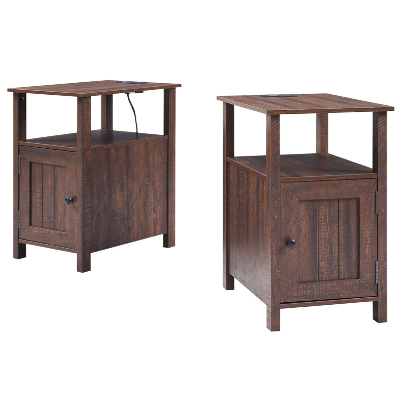 Nightstand  with Charging Station, w/Storage Space, with Groove Barn Door & Open Shelves for Bedroom, Brown