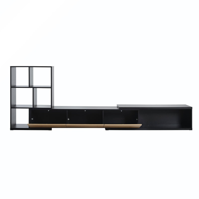 Versatile Extendable TV Stand with Multiple Shelves and Storage Cabinets for Living Room, Black