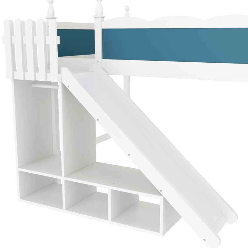 Lit mezzanine double bleu et blanc avec tablettes de rangement, glissière amovible, processus d'assemblage facile, pour l'organisation de la chambre à coucher, bois de pin amovible intégré, conception