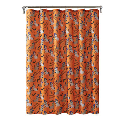 Kate Aurora Halloween Kitty Witches & Broomsticks Festive Orange Shower Curtain -Standard Size