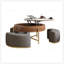 Table basse à plateau relevable moderne avec rangement caché, placage et plateau en pierre frittée, 3 repose-pieds gigognes rembourrés, conception peu encombrante, entièrement assemblée