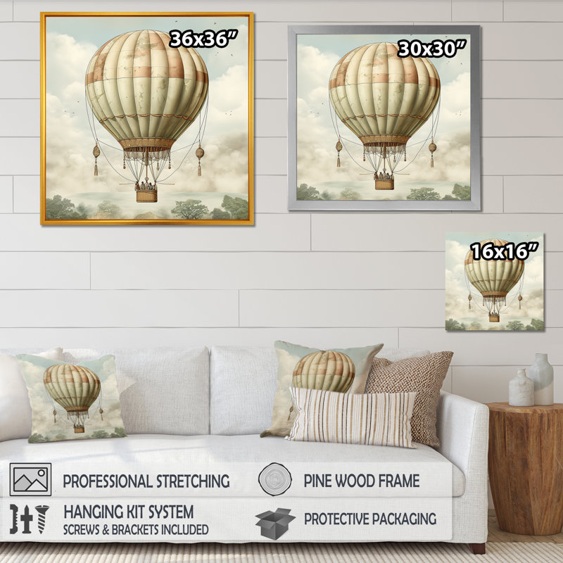 Impression sur toile Contemporary Balloon Voyage I - Montgolfière, H 30 po x l 30 po x P 1 po, Cadre doré simple