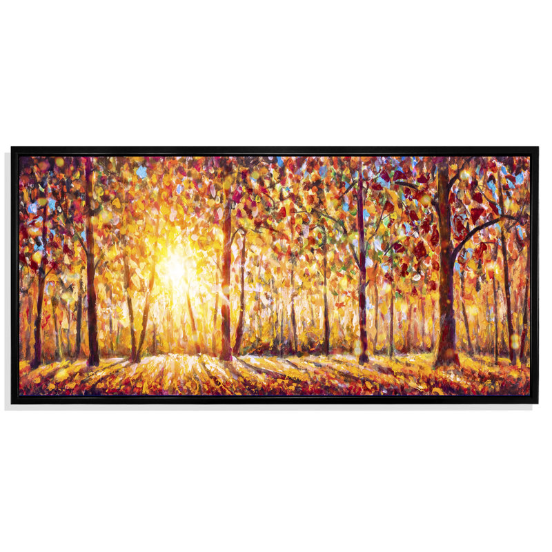 Sunlight Émergeant à travers les arbres de la forêt d'automne - Impression sur toile, Cadre noir, L 60 po x H 28 po