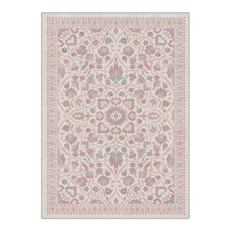 Aura Vintage Floral Machine Washable Pink Indoor Area Rug with Non-Slip Backing, Rectangle 9' x 12'