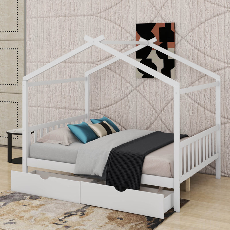 Lit plateforme double pleine grandeur avec 2 tiroirs, tête et pied de lit, toit, Blanc