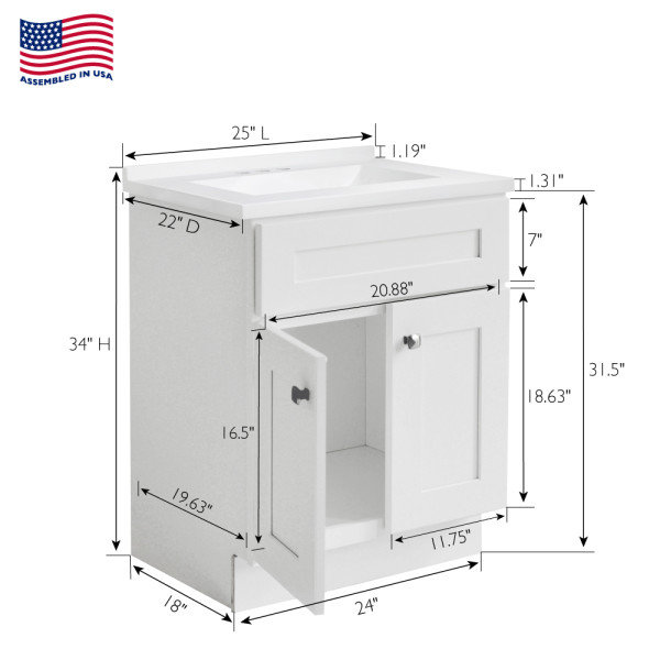 White 25" Single Bathroom Vanity with Cultured Marble Top