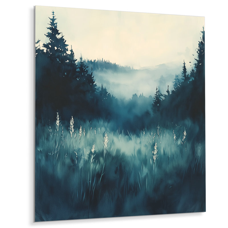 Forêt de pins bleu brumeux - Décoration murale en métal, H 20 po x l 12 po