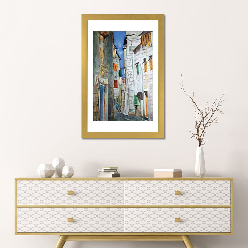 Reproduction d'art méditerranéen, art mural encadré, 24" x 16", Papier encadré, Gold