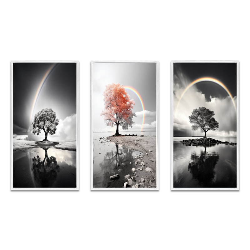 «Rainbow Grayscale Arc Over Tree», 3 pièces sur toile, H 20 po x l 36 po, Cadre flottant blanc