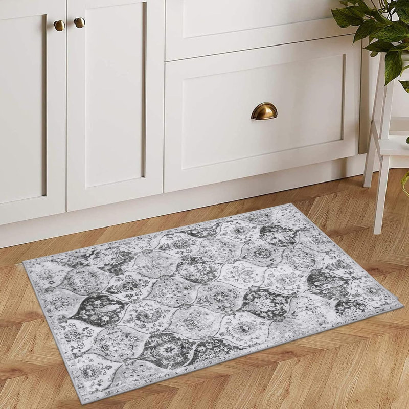 Moroccan Trellis Washable Rug, 2X3 Kitchen Rugs For Entryway Bathroom, Non-Slip Indoor Door Mat Ultra-Thin, Small Oriental Throw Carpet For Bedroom Entry, Silver/Grey