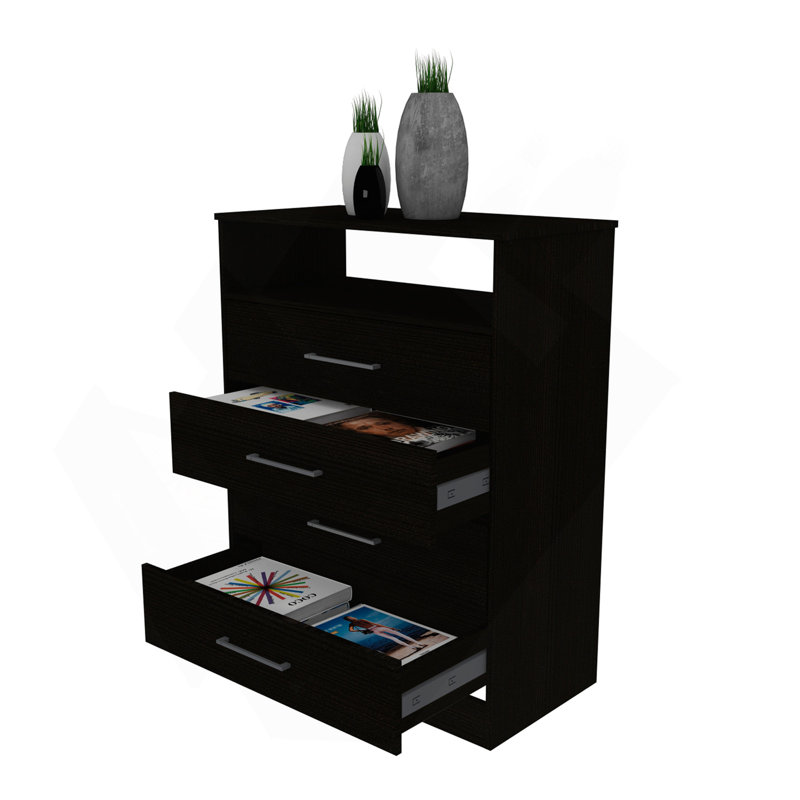 Commode Continental, plateau supérieur, quatre tiroirs, une tablette - noir