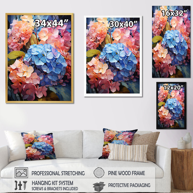 Hortensias bleus et oranges en fleurs I, Cadre flottant blanc, H 32 po x l 16 po x P 1 po
