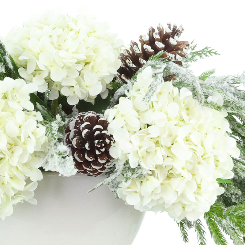 Holiday Arrangement with Sage, Hydrangeas and Pinecones