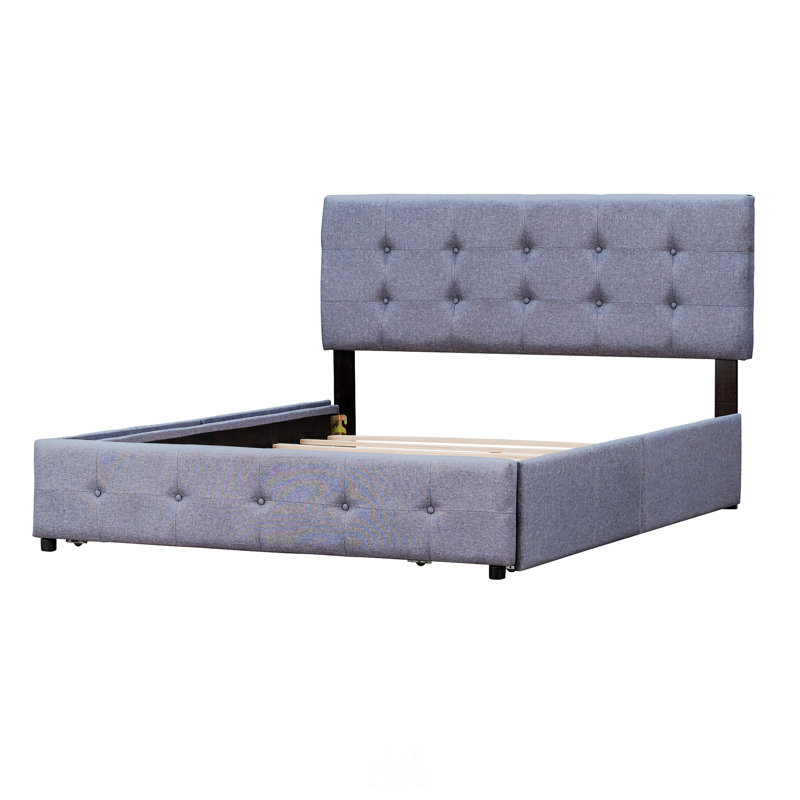 Lit plateforme tapissier avec tête de lit classique et 4 tiroirs, Gris foncé