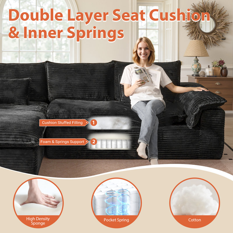 Boneless 112.6'' Oversized Corduroy Sectional Sofa With Chaise, 2-piece Cloud Couch For Cozy Winter Living, Plush Double-layer Cushions, No Assembly Needed