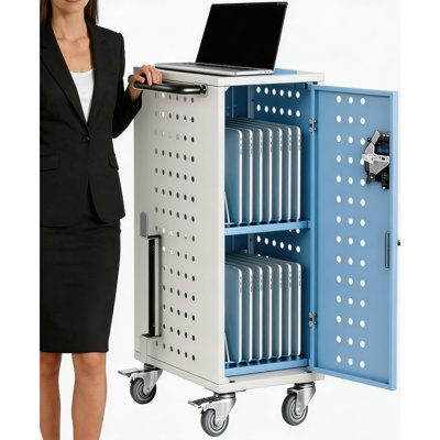 Chariot de chargement pour ordinateur portable de 16 pouces avec verrouillage, station de chargement pour ordinateurs portables jusqu'à 15,6 pouces, rangement sécurisé et gestion des câbles, chariot de chargement mobile