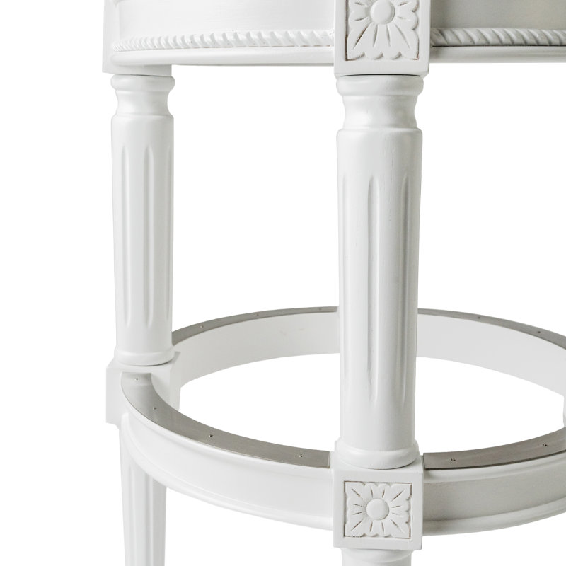 Alabaster White Swivel Backless Bar Stool with Hand-Carved Wood