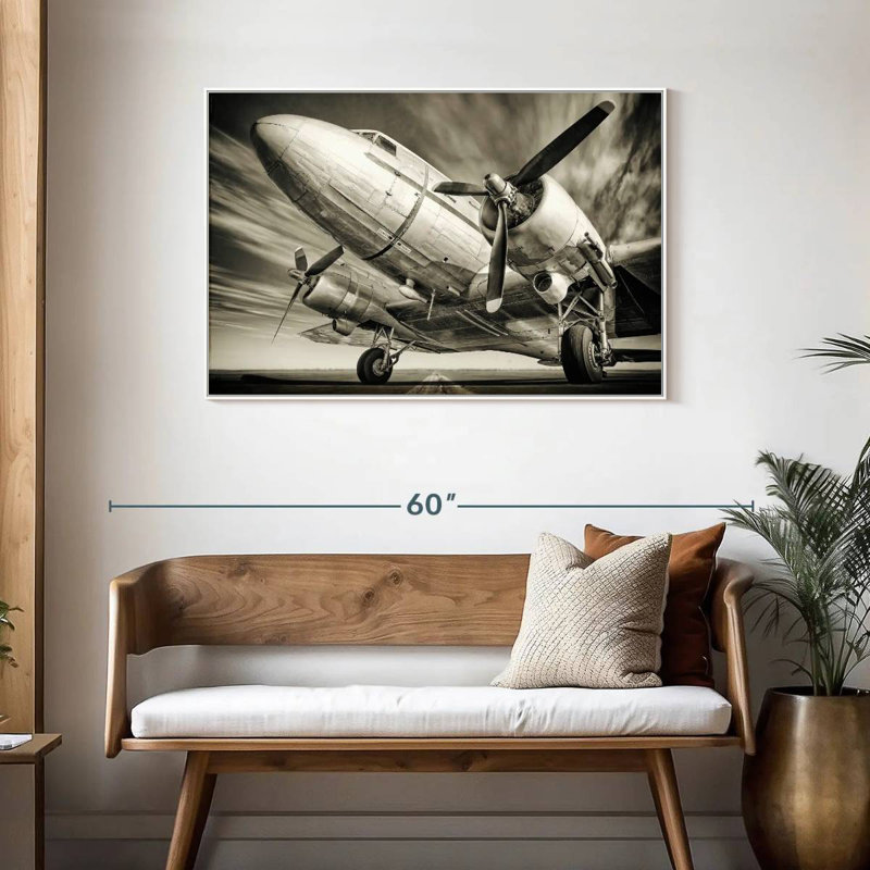 Avion rétro monochrome, Cadre flottant blanc, 43 po x 29 po