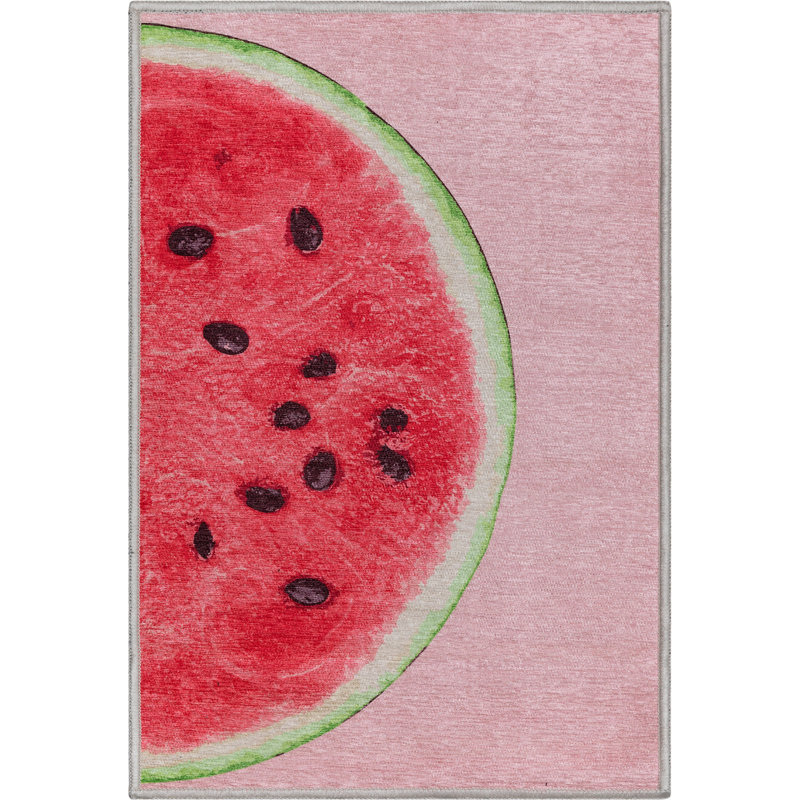 Kehr Half Watermelon Novelty Red Pink Printed Distressed Machine Washable Area Rug, Rectangle 2' x 3'